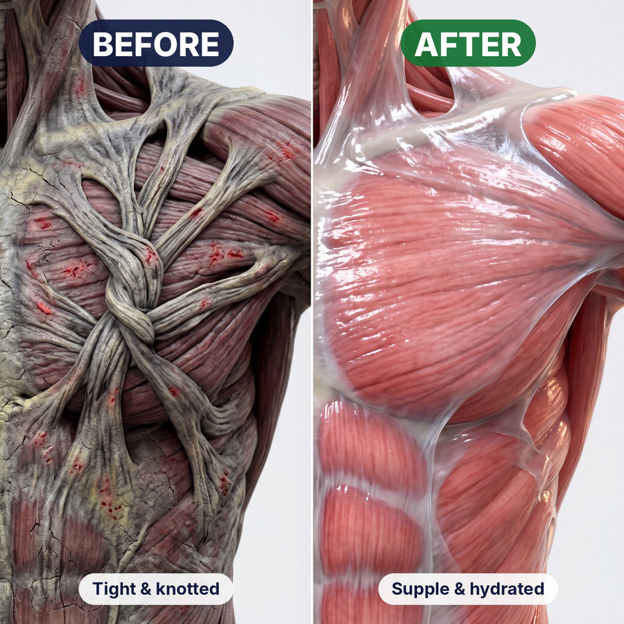 Before: tight, knotted fascia. After: supple, hydrated fascia