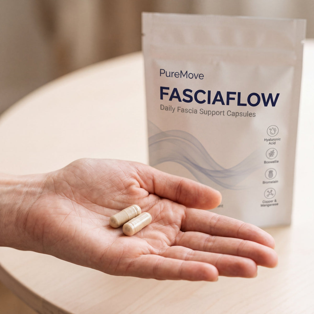 Hand holding two FasciaFlow capsules