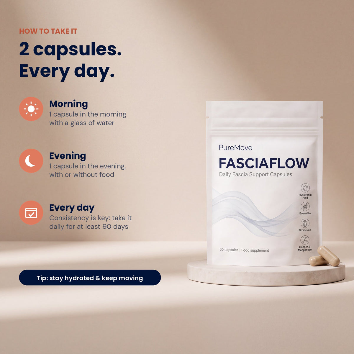 How to take FasciaFlow: 2 capsules a day, morning and evening