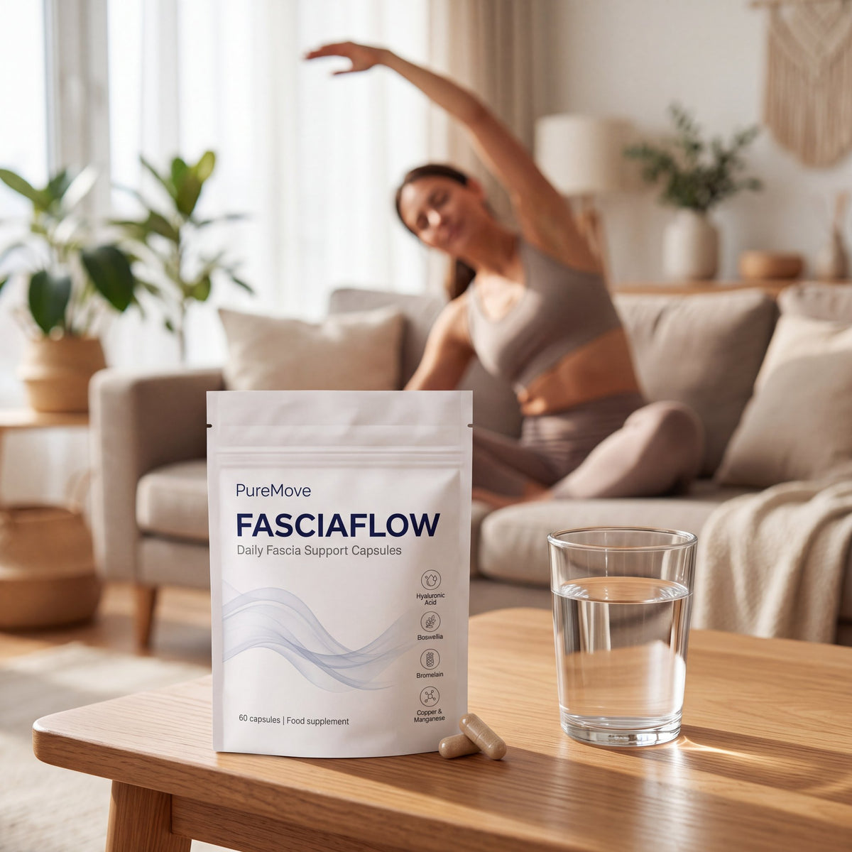 Woman stretching at home with PureMove FasciaFlow pouch and a glass of water