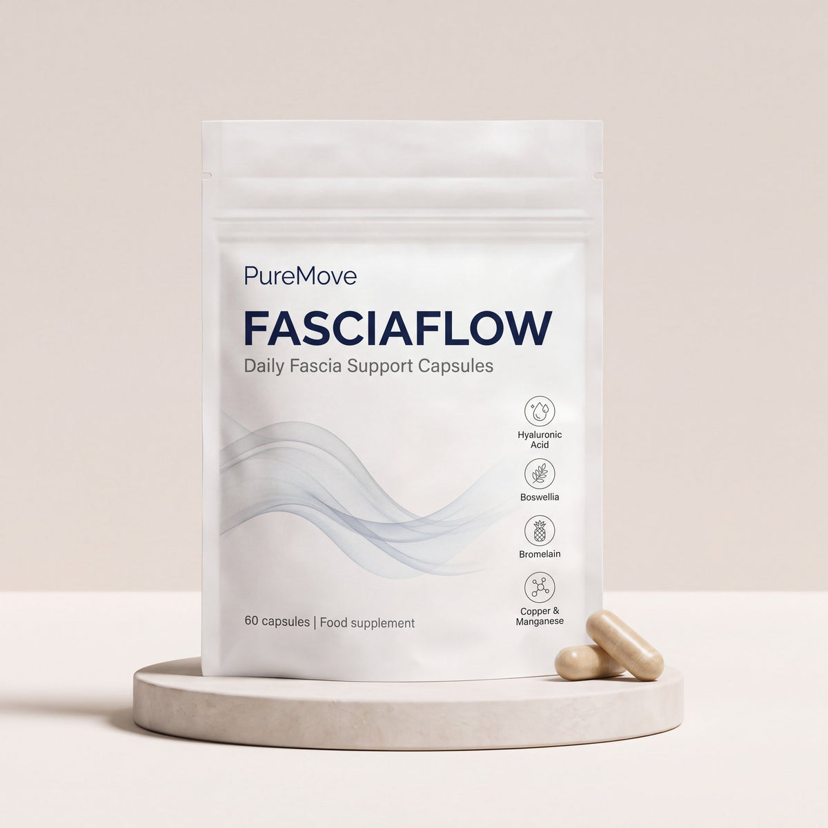 PureMove FasciaFlow daily fascia support capsules pouch